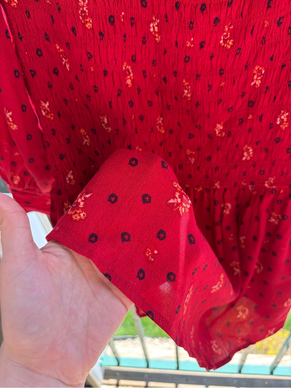 🆕🌹Free People Ruby Combo Smocked Mini Dress Boho Long Sleeve Red Floral XL Chic - Picture 10 of 17